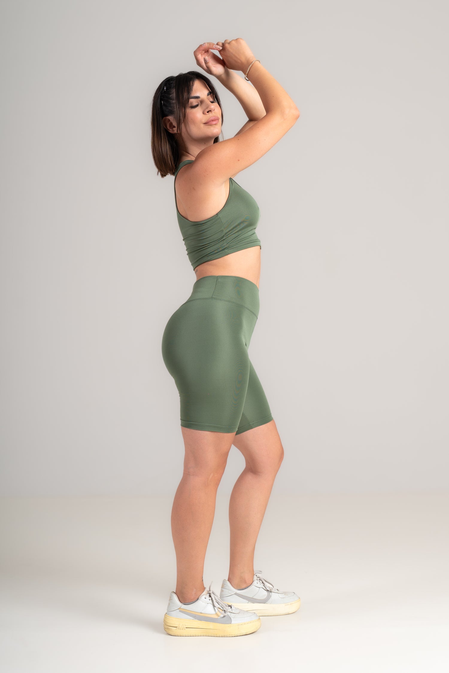 Energy Move Biker Shorts Set - Sports Bra & Shorts Matching Set - olive-green - Seven Seconds Activewear